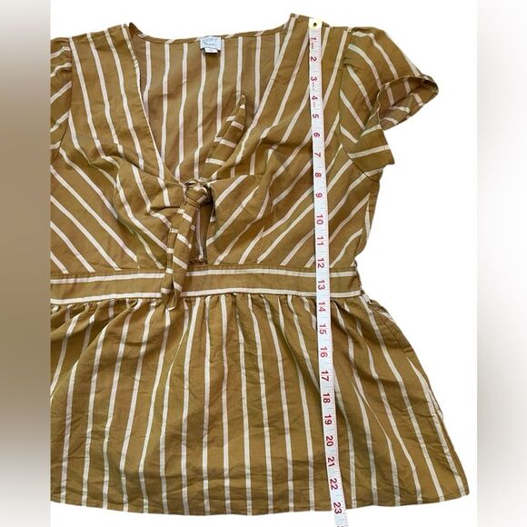 LOFT Beach Golden Tan and White Striped Tie Front Short Sleeve Blouse - Picture 7 of 11